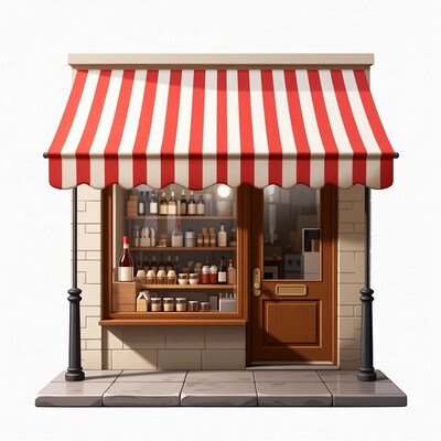 Cartoon Shop with Striped Awning