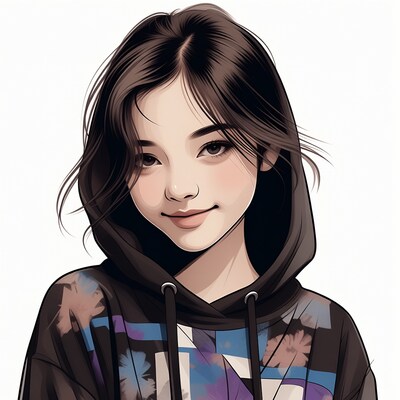 Asian girl in colorful hoodie illustration