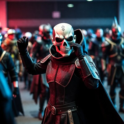Woman in skull mask cosplay with crowd
