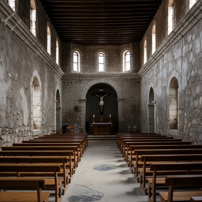 Empty stone church with crucifix altar