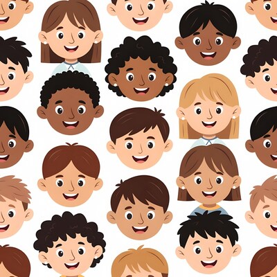 Diverse cartoon kids faces seamless pattern