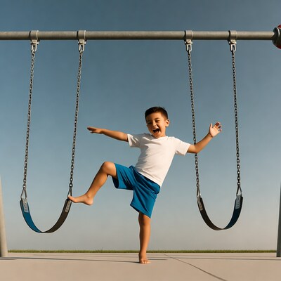 Asian boy swinging on playground swings