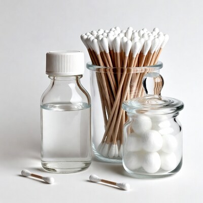 Cotton swabs with liquid bottle