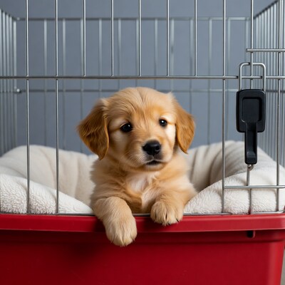 Golden Retriever Puppy in Dog Crate