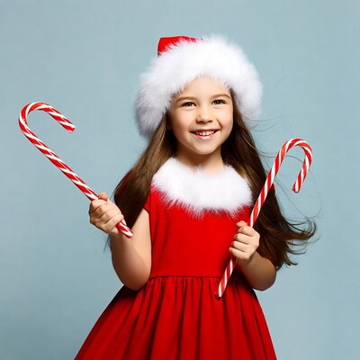 Girl holding candy canes in Santa dress