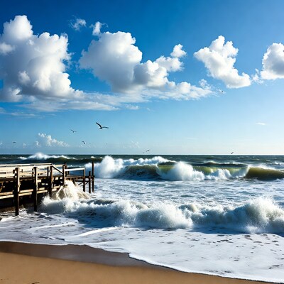 Waves crashing on beach pier