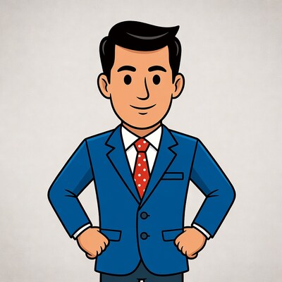 Cartoon man in blue suit hands on hips