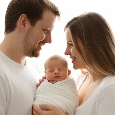 Parents smiling at newborn baby