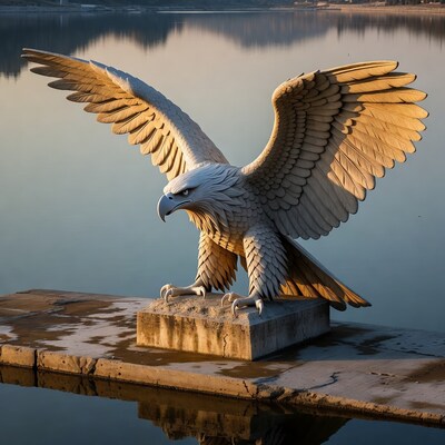 White eagle statue with wings spread by lake