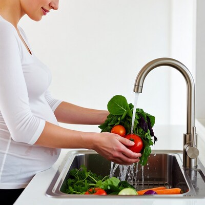 Pregnant woman washing vegetables in sink