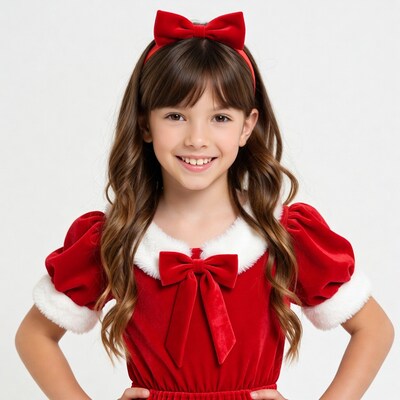Girl in red Santa dress with bow headband