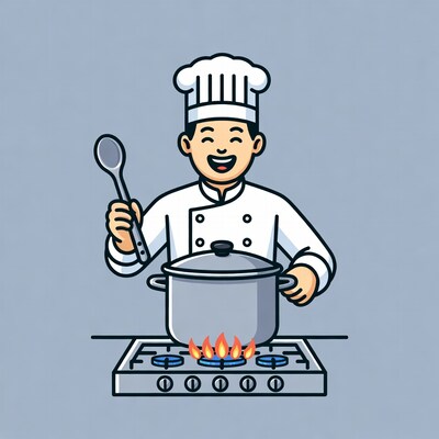 Asian chef stirring pot on stove