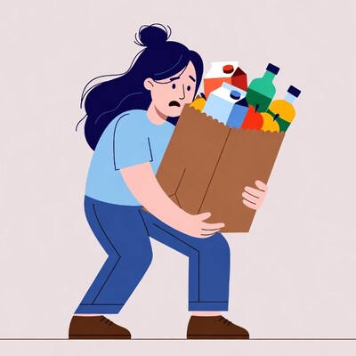 Woman struggling with heavy grocery bag