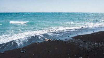 Waves crashing on black sand beach