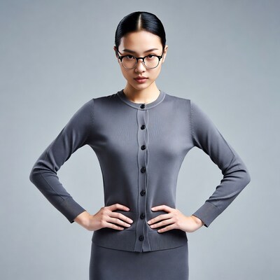 Asian woman in gray suit with glasses