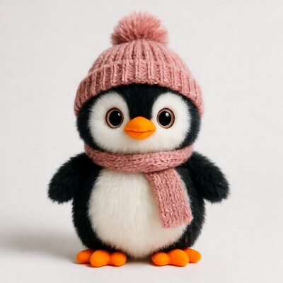 Cute penguin plush with pink hat scarf