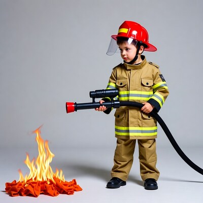 Boy in firefighter costume with hose