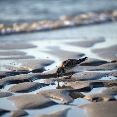 Sanderling foraging in beach puddle