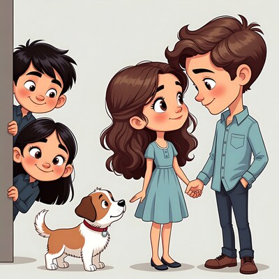 Family peeking with couple and dog illustration