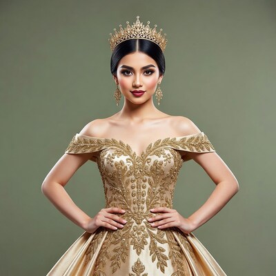 Asian woman in gold gown and crown