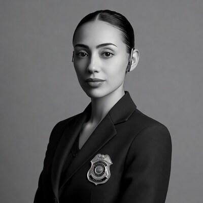 Female police officer with badge