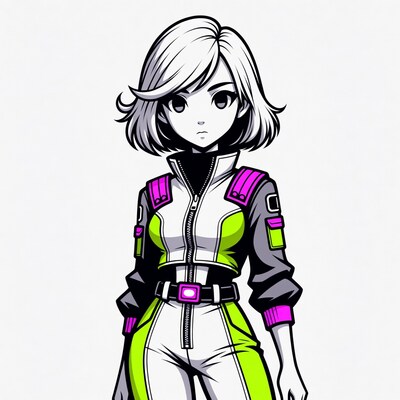 Anime girl in white green jumpsuit