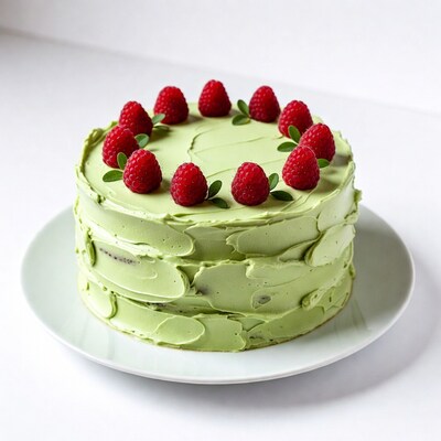 Green cake topped with raspberries