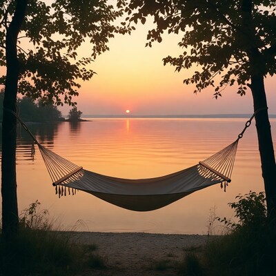Hammock between trees at sunset lake