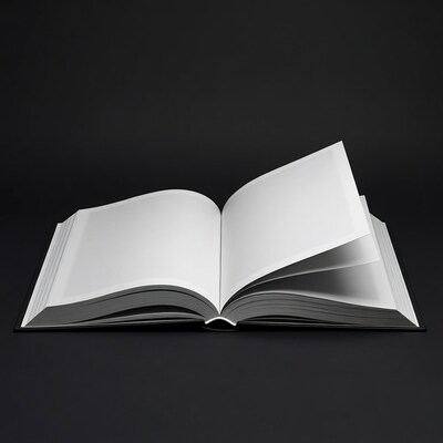 Open blank book on black background