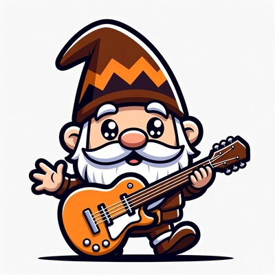 Cartoon Gnome Playing Orange Bass Guitar