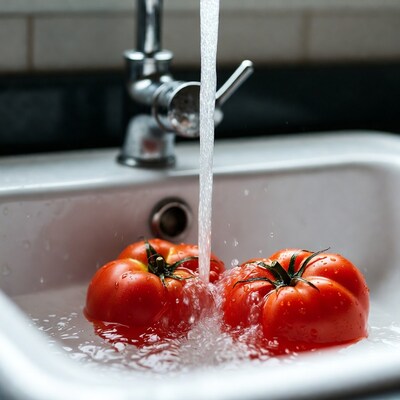 Tomatoes under faucet in sink