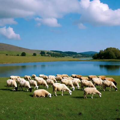 Herd of sheep grazing by lake