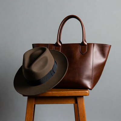 Brown Fedora Hat and Leather Tote Bag