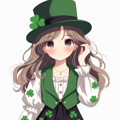 Anime girl in green shamrock hat