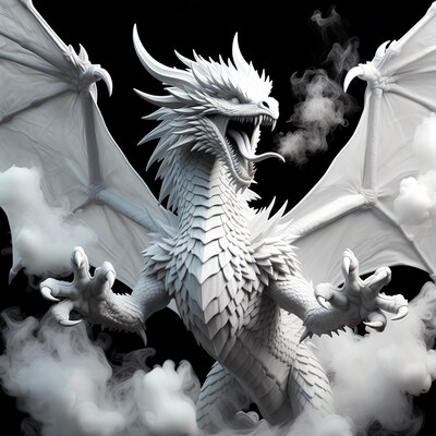Roaring White Dragon with Smoke