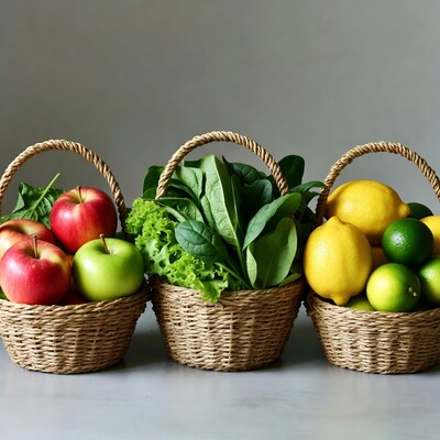 Baskets of apples lettuce spinach lemons limes