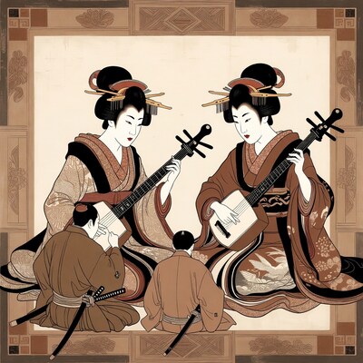 Geisha and shamisen players illustration
