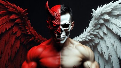 Man with demon skull and angel wings