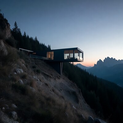 Modern House on Cliff at Sunset
