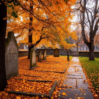 Autumn Cemetery Path with Orange Leaves