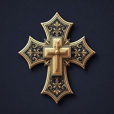 Golden ornate cross on dark background
