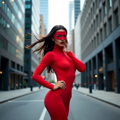 Woman in red catsuit with mask on city street