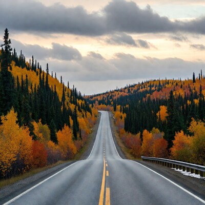 Winding road through autumn forest