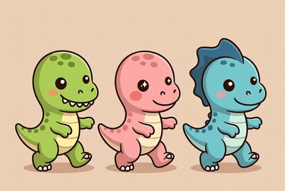 Cute Green Pink Blue Dinosaur Trio