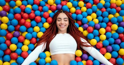 Woman lying in colorful ball pit