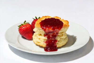 Biscuit with strawberry jam and berries