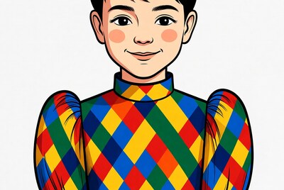 Asian boy in colorful harlequin outfit illustration