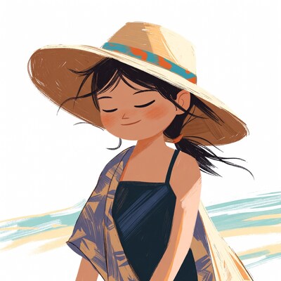 Girl wearing straw hat and beach coverup