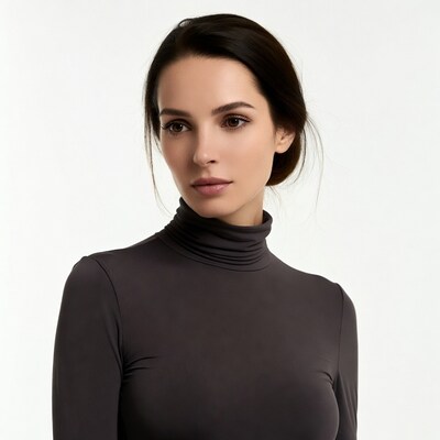 Woman in turtleneck on white background