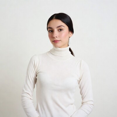 Woman in white turtleneck sweater